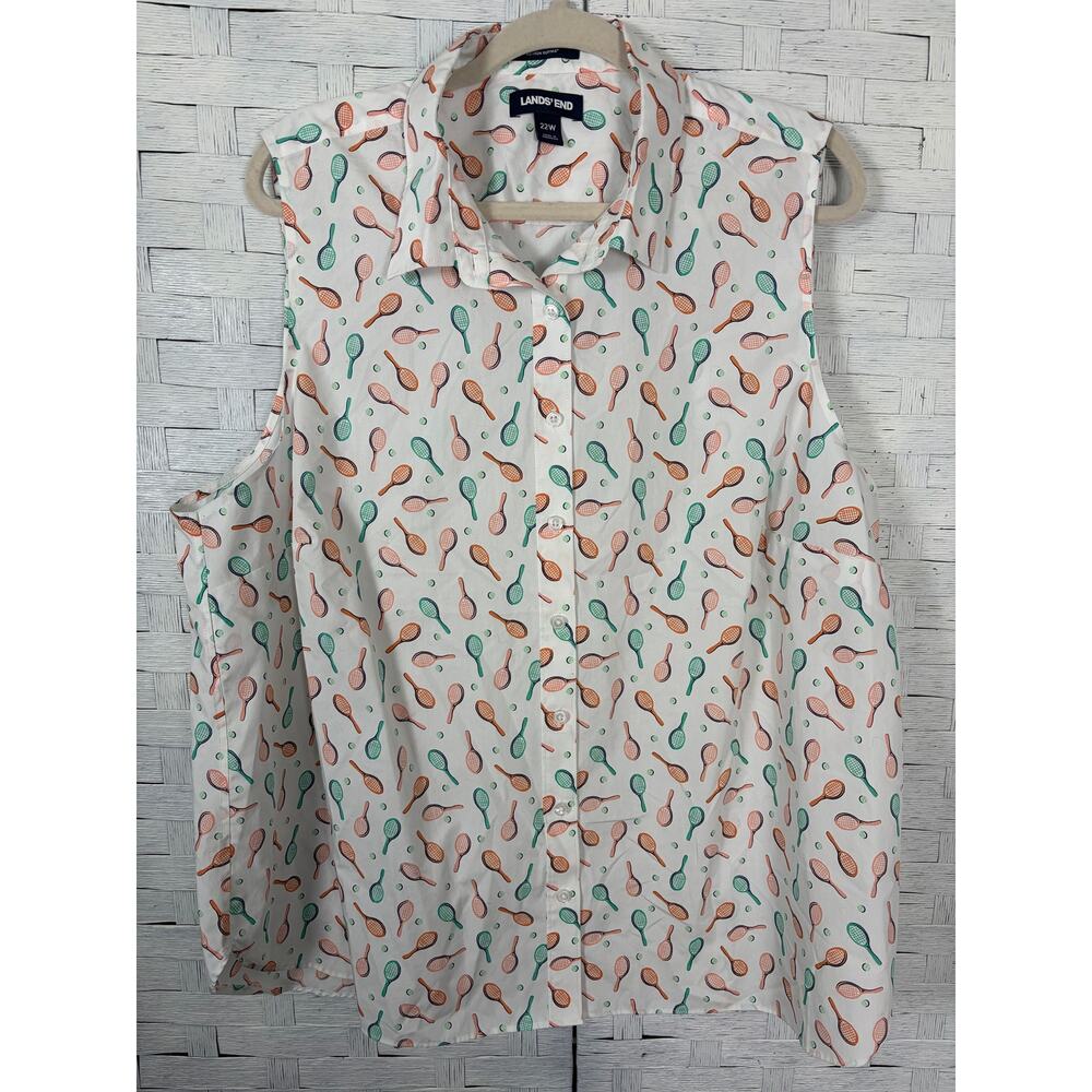 Lands'End women’s‎ blouse button up sleeveless tennis rackets TradMom plus size